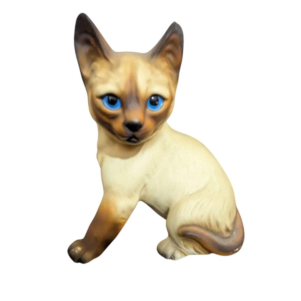 Vintage Ceramic Siamese Cat Figurine Blue Eyes Chocolate‎ Point Mid Century 6in